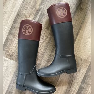 Tory Burch Diana Rubber Leather Riding Rain Boot Womens Size 7 Black Brown Boot*